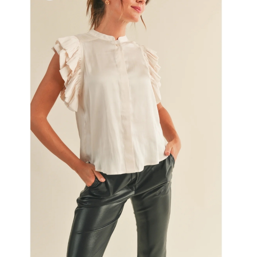 Cream Blouse with Ruffled Cap Sleeves and Mandarin Collar